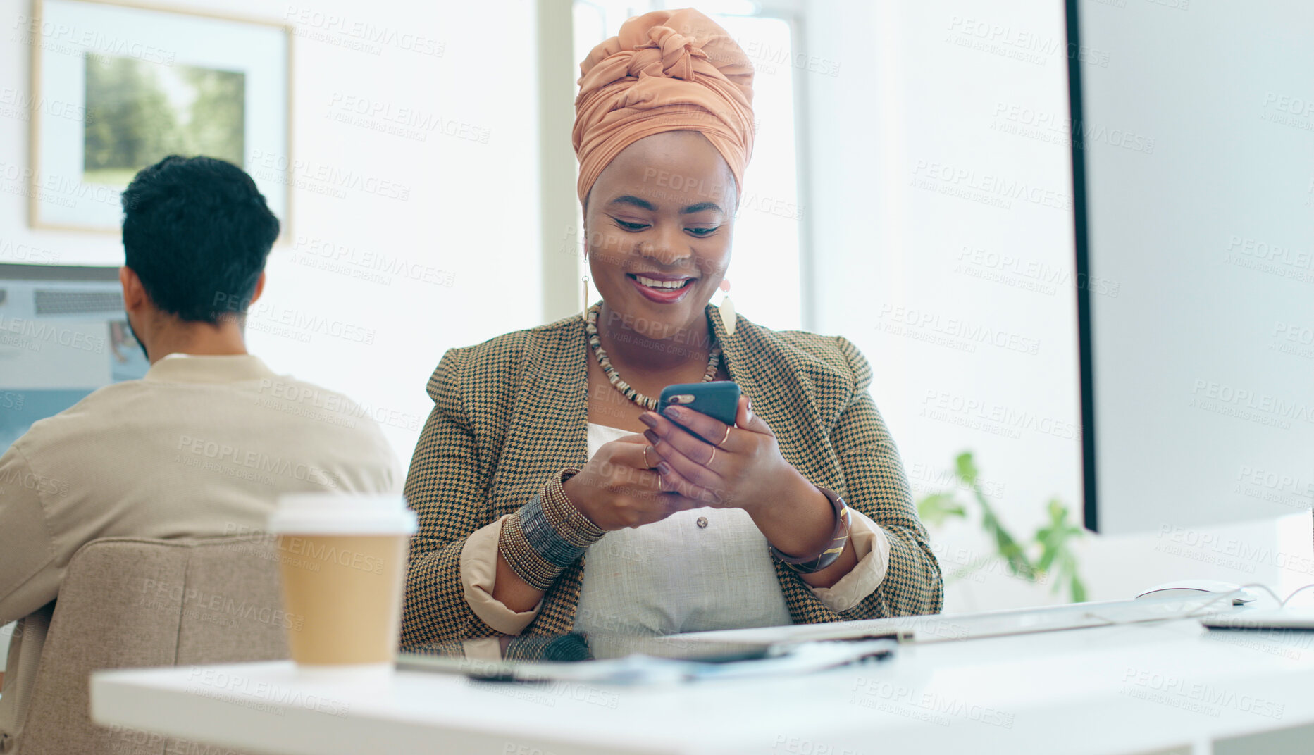 Buy stock photo Happy black woman, phone in office and typing email or social media meme for business networking. Scroll, good news and businesswoman with mobile app on smartphone, chat online and smile at work desk