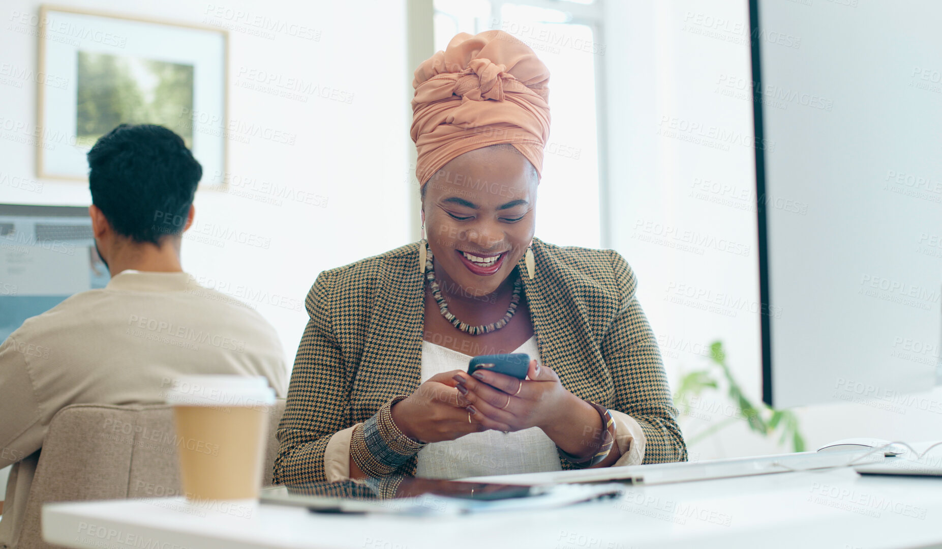 Buy stock photo Black woman with smile, phone in office and reading email, social media meme or business networking. Scroll, good news and businesswoman with mobile app on smartphone, happy and chat online at desk.