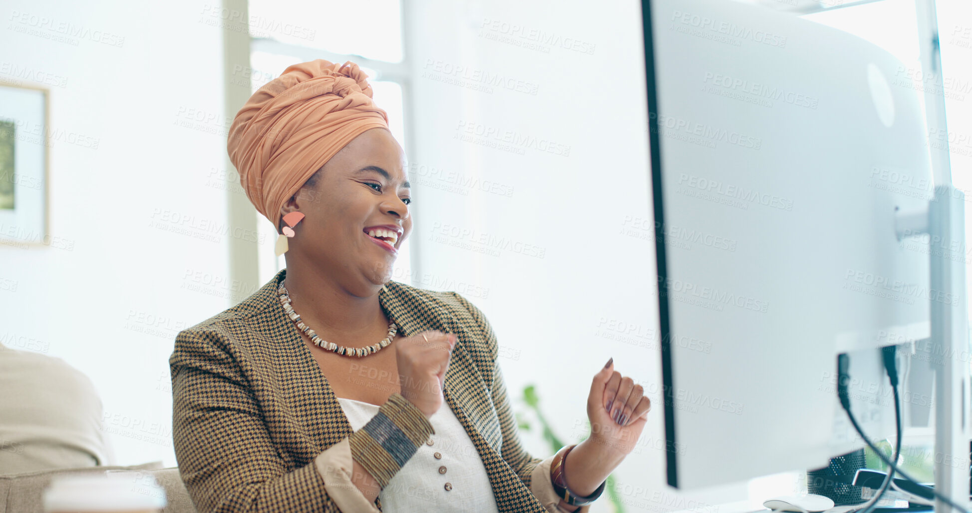 Buy stock photo Business woman, winner and computer for success, celebration and marketing sales or project achievement. Professional african person with fist, excited and yes or reading email news on office desktop