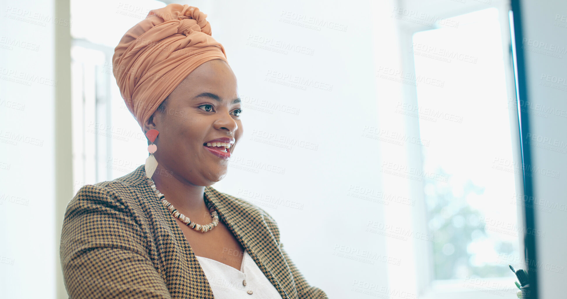 Buy stock photo Black woman in office, happy and reading email feedback, review or news announcement on computer in creative agency. Website, market research and employee with online promotion or sales in office