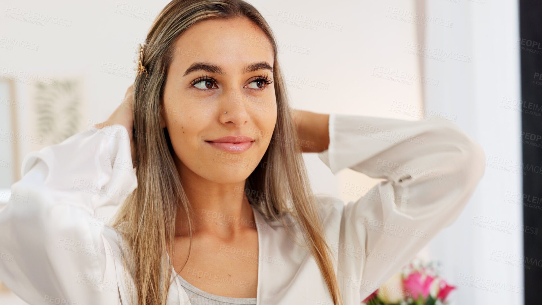 Buy stock photo Happy, bride and makeup with woman in bedroom for fashion, wedding or celebration at home. Excited, beauty and glow with face of person and ready for ceremony with cosmetics, bridal party and jewelry