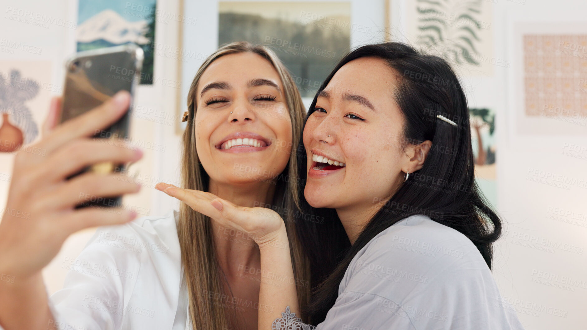 Buy stock photo Wedding, selfie and girl friends in the morning getting ready for ceremony together in hotel room. Happy, smile and bride taking a picture with Asian woman preparing for romantic event in bedroom.