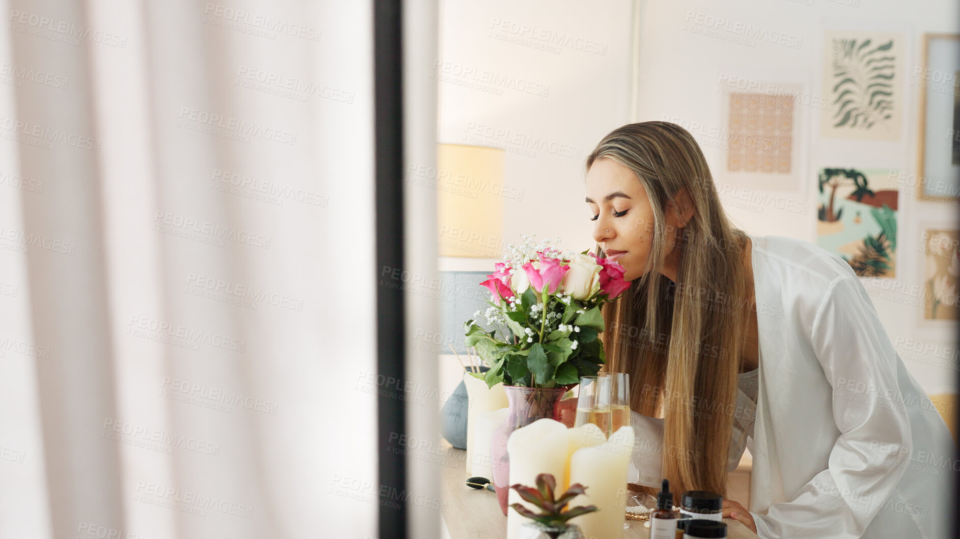 Buy stock photo Flowers, woman and relax face smell bouquet in bedroom and wearing a bathrobe while getting ready for her wedding day. Happiness, person and love with roses gift in apartment enjoying the aroma