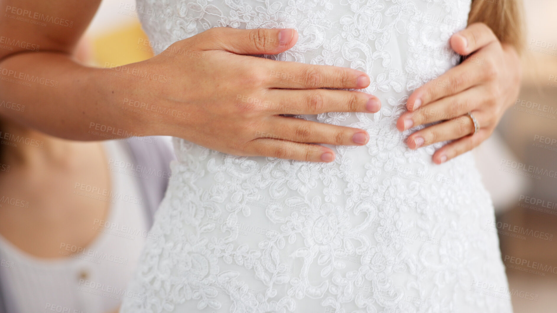 Buy stock photo Wedding dress, bride hands and lace of woman fitting on elegant gown at dressmaker in a shop, store or boutique. Fashion and bridal shopping with female customer with style choice and decision