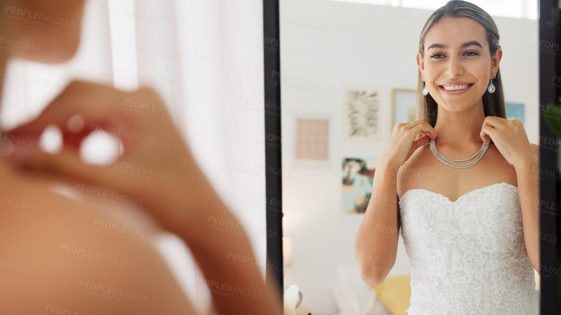 Buy stock photo Wedding dress, happy bride and necklace of woman fitting on gown at dressmaker in a shop with a mirror. Fashion and bridal shopping with female customer with style choice and accessory decision