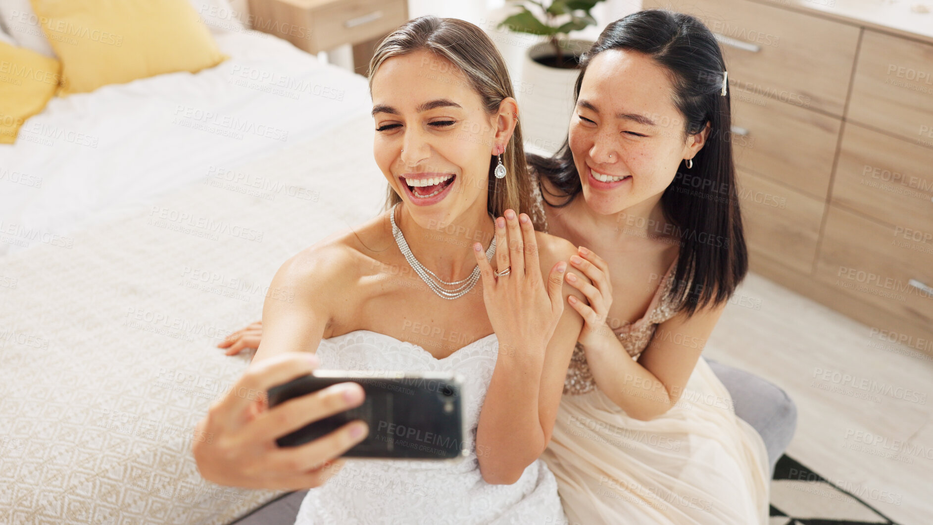 Buy stock photo Selfie, bridesmaid and wedding with friends in bedroom for social media, celebration and photography. Excited, profile picture and beauty with women at home for streaming, post and update together