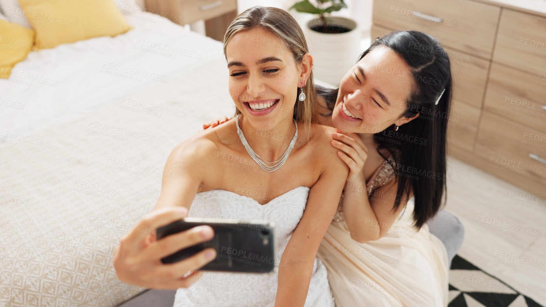 Buy stock photo Selfie, celebration and wedding with friends in bedroom for social media, bridesmaid and photography. Excited, profile picture and beauty with women at home for streaming, post and update together