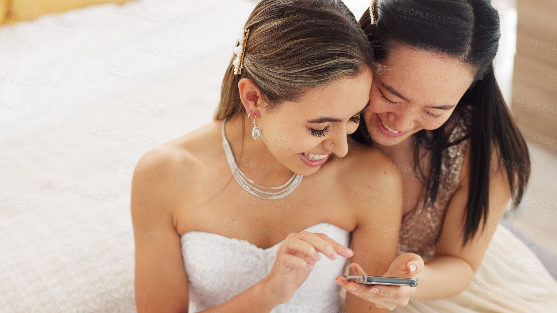 Buy stock photo Friends, women and bride with bridesmaid, smartphone and social media in dressing room before wedding event. Communication, connection and happiness, using phone and app, marriage and fun together