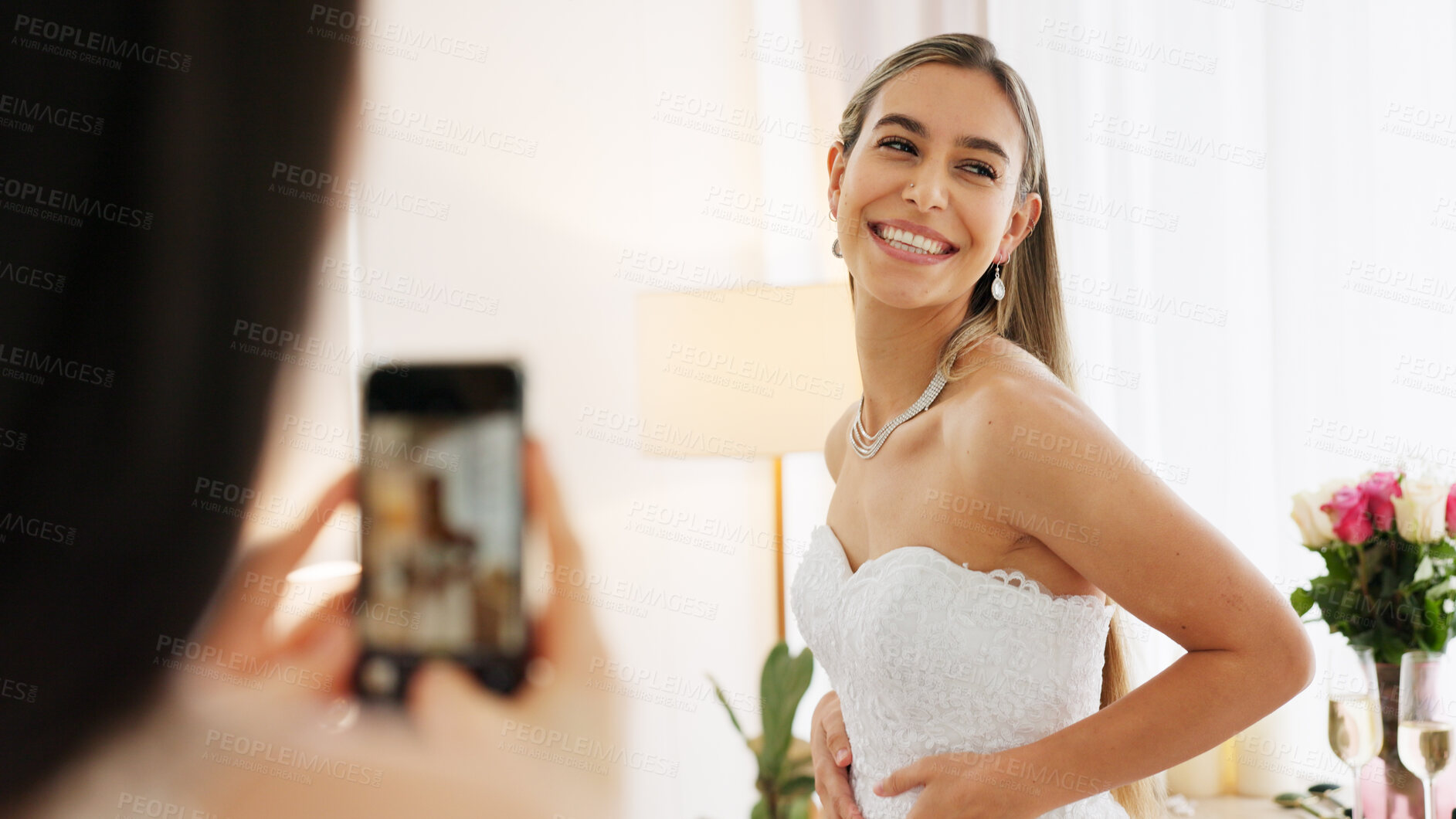 Buy stock photo Picture, bride and wedding with friends in bedroom for social media, celebration and photography. Excited, bridal party and beauty with women at home for streaming, post and update together