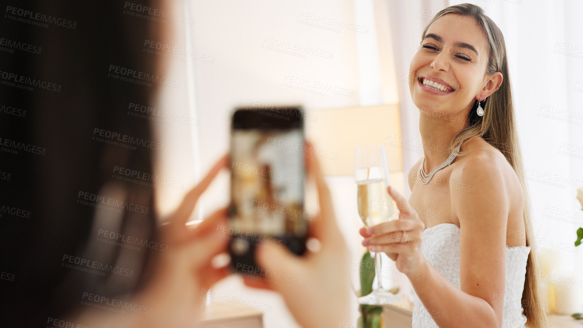 Buy stock photo Picture, champagne and wedding with friends in bedroom for social media, celebration and photography. Excited, bridal party and beauty with women at home for streaming, post and update together