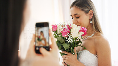 Phone photography of bride, bouquet and wedding celebration happy, love and smile in luxury designer dress at hotel. Rich girl, smartphone and flowers photo in bridal gown to celebrate marriage event