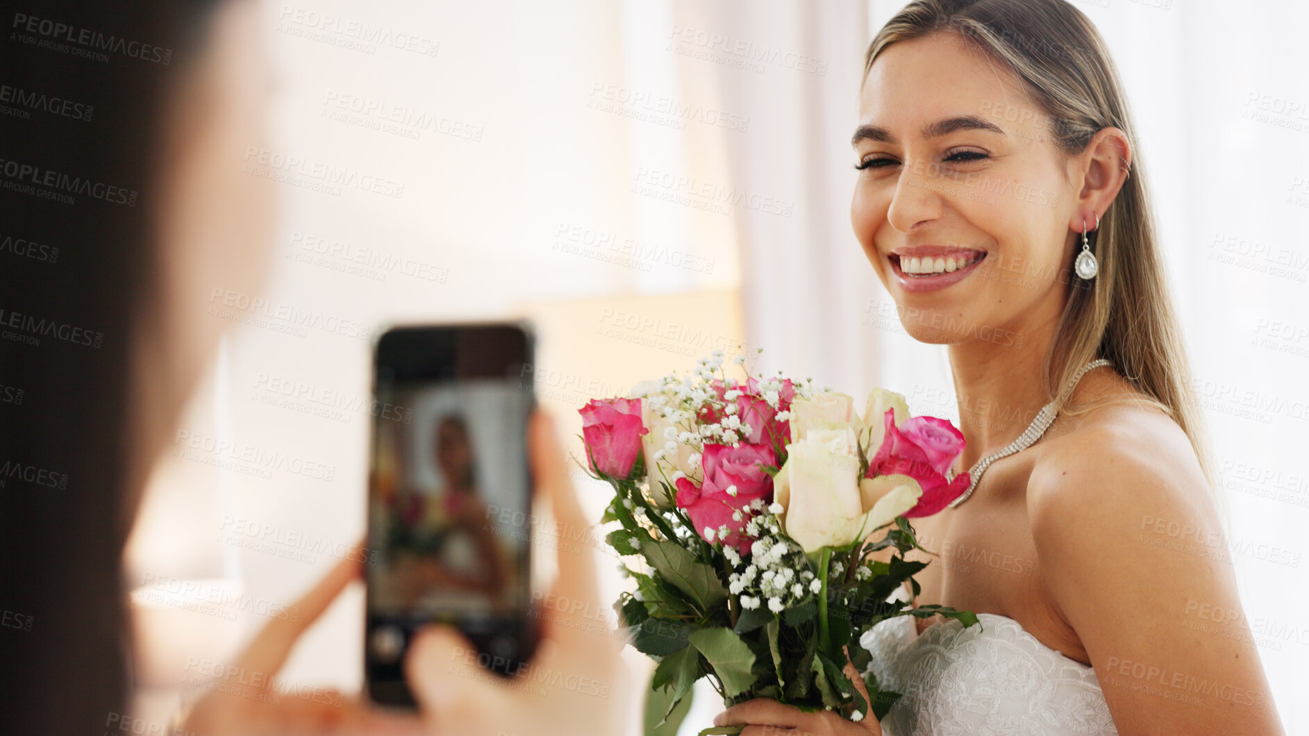 Buy stock photo Picture, bride and flowers with friends in bedroom for social media, celebration and photography. Wedding, bridal party and beauty with women at home for streaming, post and update together