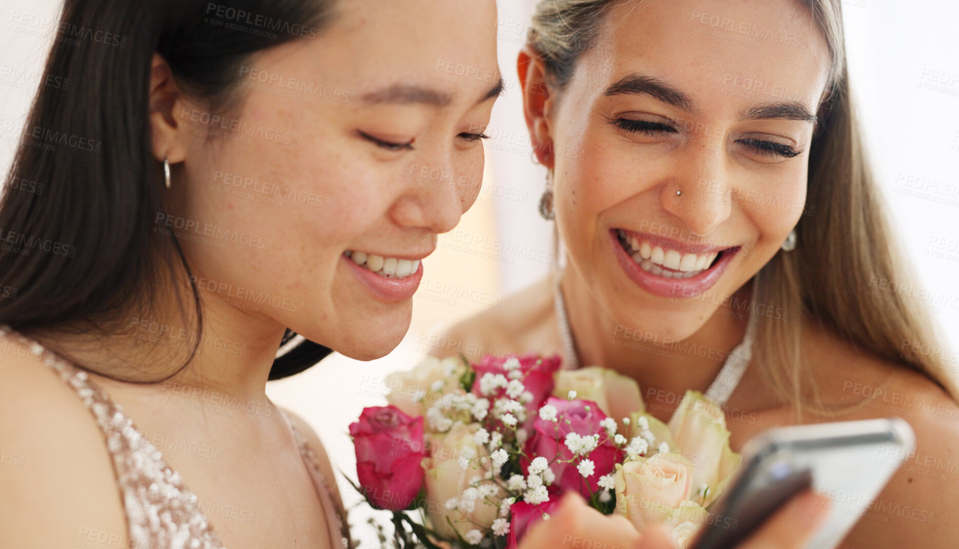 Buy stock photo Face, women and bride with bridesmaid, smartphone and social media at wedding event. Communication, connection and happiness, friends smile using phone and mobile app with marriage and fun together