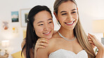 Wedding, bride and bridesmaid looking happy, proud and excited share hug, joy and love wearing white dress and ready for ceremony. Interacial asian woman and friend laughing waiting for a celebration