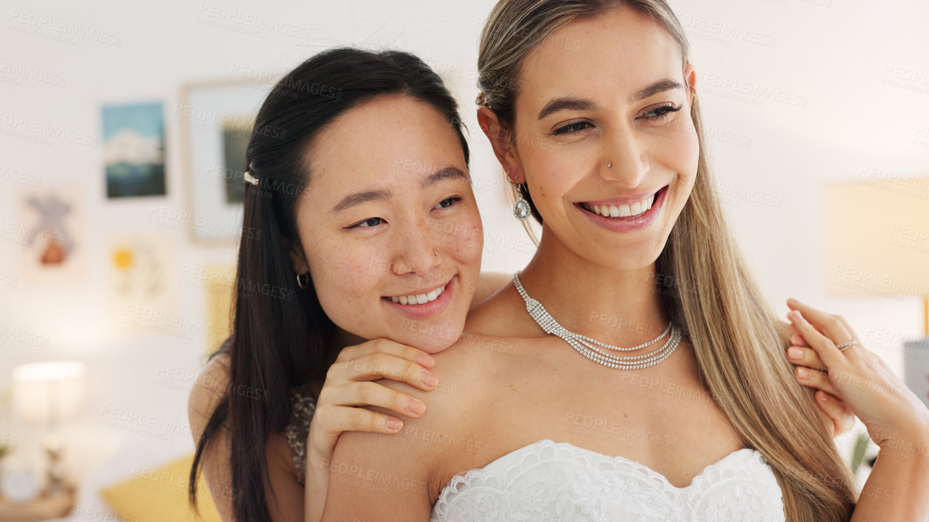 Buy stock photo Wedding, women and bridesmaid helping bride get ready for marriage event, happiness and hug. Friends with support, trust and assistance, beauty and fashion with diamond, silver jewelry for ceremony