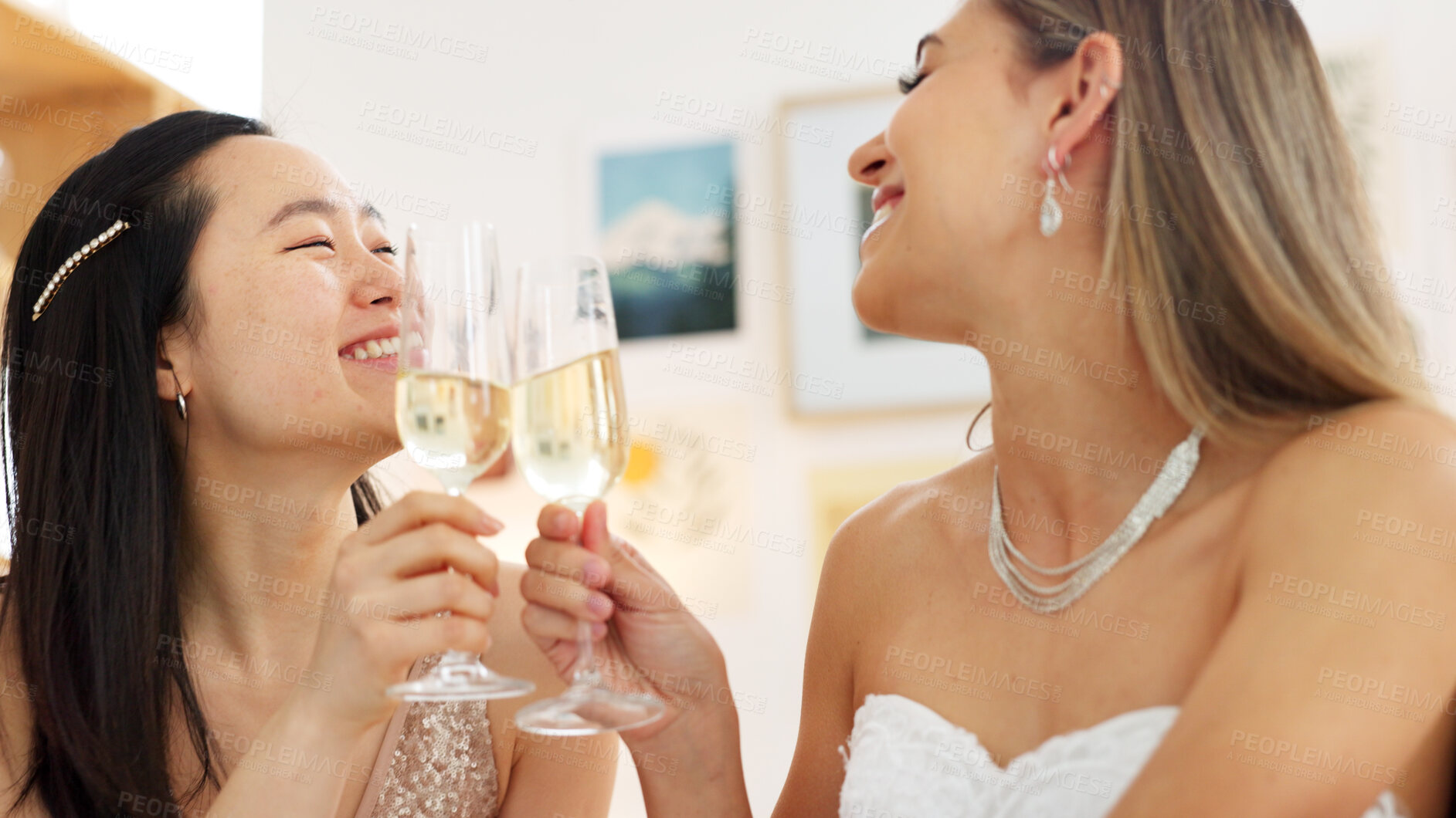 Buy stock photo Friends, women and bride with bridesmaid, Champagne toast and celebration with happiness at wedding event. Alcohol drink, cheers and fun together before ceremony, glass and smile with bonding