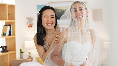 Wedding veil of woman with friends help in dressing room. Happy people, women love and bridesmaid support or helping bride with fitting designer fabric on her head for beauty, marriage and happiness