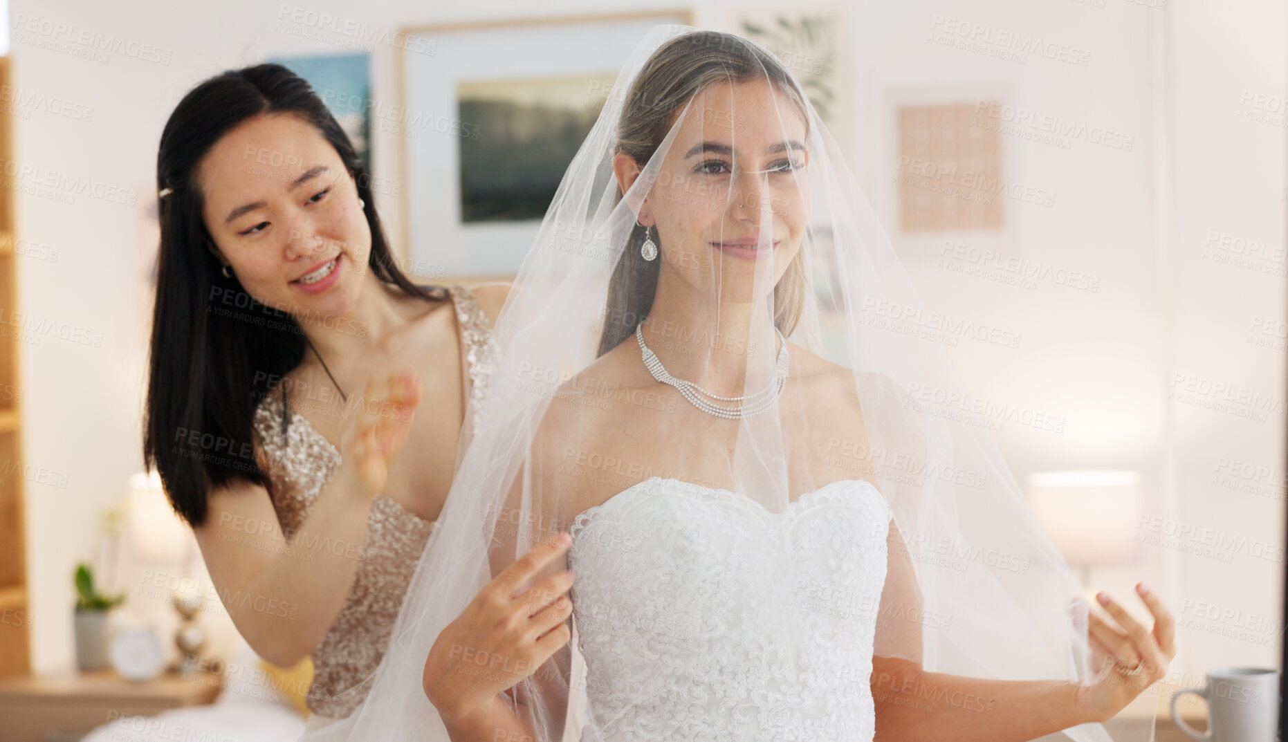 Buy stock photo Bride, wedding and maid of honor woman or friends ready for event and marriage. Bridesmaid helping person with a veil and elegant style dress while happy together in room before ceremony celebration