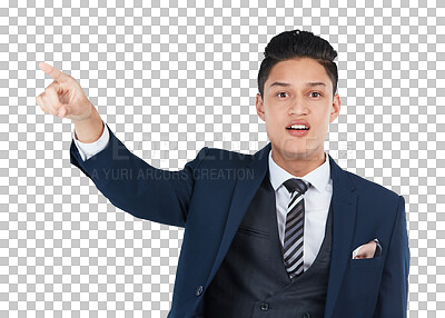 A Businessman portrait, curious or pointing on, marketing space or corporate advertising mockup. What, question or confused worker and showing hand gesture at interesting deal isolated on a png background
