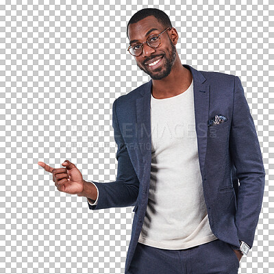 A Black businessman, portrait or pointing finger on, marketing space or advertising mockup. Smile, happy or creative designer and hand gesture for branding sales deal or promo isolated on a png background