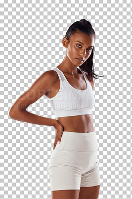 Wellness, health and fitness with a tough woman looking sporty and feeling confident Portrait of a motivated, slim, proud athlete satisfied with her physical and body goals isolated on a png background