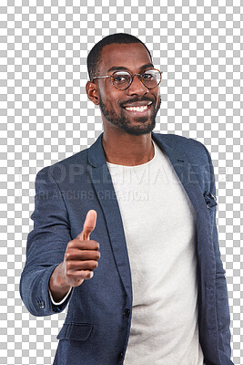 A Businessman, portrait or thumbs up in success, vote mockup or mission goals. Smile, happy or creative designer in like, thank you or winner hands gesture or support trust isolated on a png background