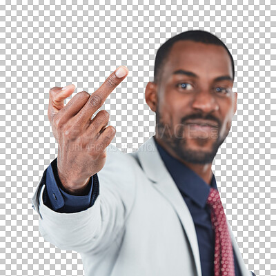 Middle finger, rude sign and black man for disrespect, mean and anger. Symbol, hand gesture and frustrated, angry and upset male with conflict expression isolated on a png background