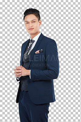 Asian businessman, portrait and hands clasped on about us, profile picture or corporate ID. Worker, employee and ready gesture on marketing mockup and advertising mock up isolated on a png background