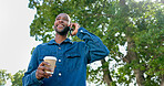 Phone, outdoor and black man with job opportunity, career news and online networking ideas, vision and goals. Happy business person, coffee break and smartphone for news, feedback or mobile chat app