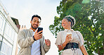 Businessman, woman and phone on outdoor walk to work for coffee cup, social media or comic meme. Man, business people and walking for conversation, support or happy with excited smile on urban street