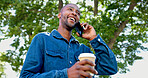 Phone, outdoor and black man with job opportunity, career news and online networking ideas, vision and goals. Happy business person, coffee break and smartphone for news, feedback or mobile chat app