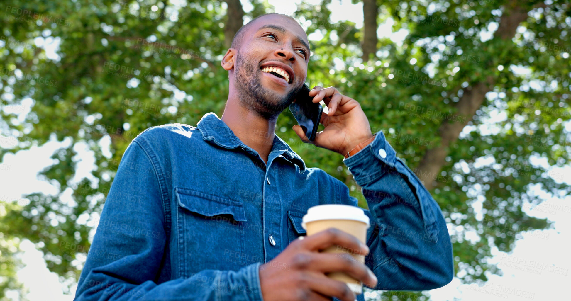 Buy stock photo Phone call, park and businessman networking for opportunity, job schedule or coffee break smile. Happy, gen z and person on smartphone conversation, discussion or talking on online chat by trees