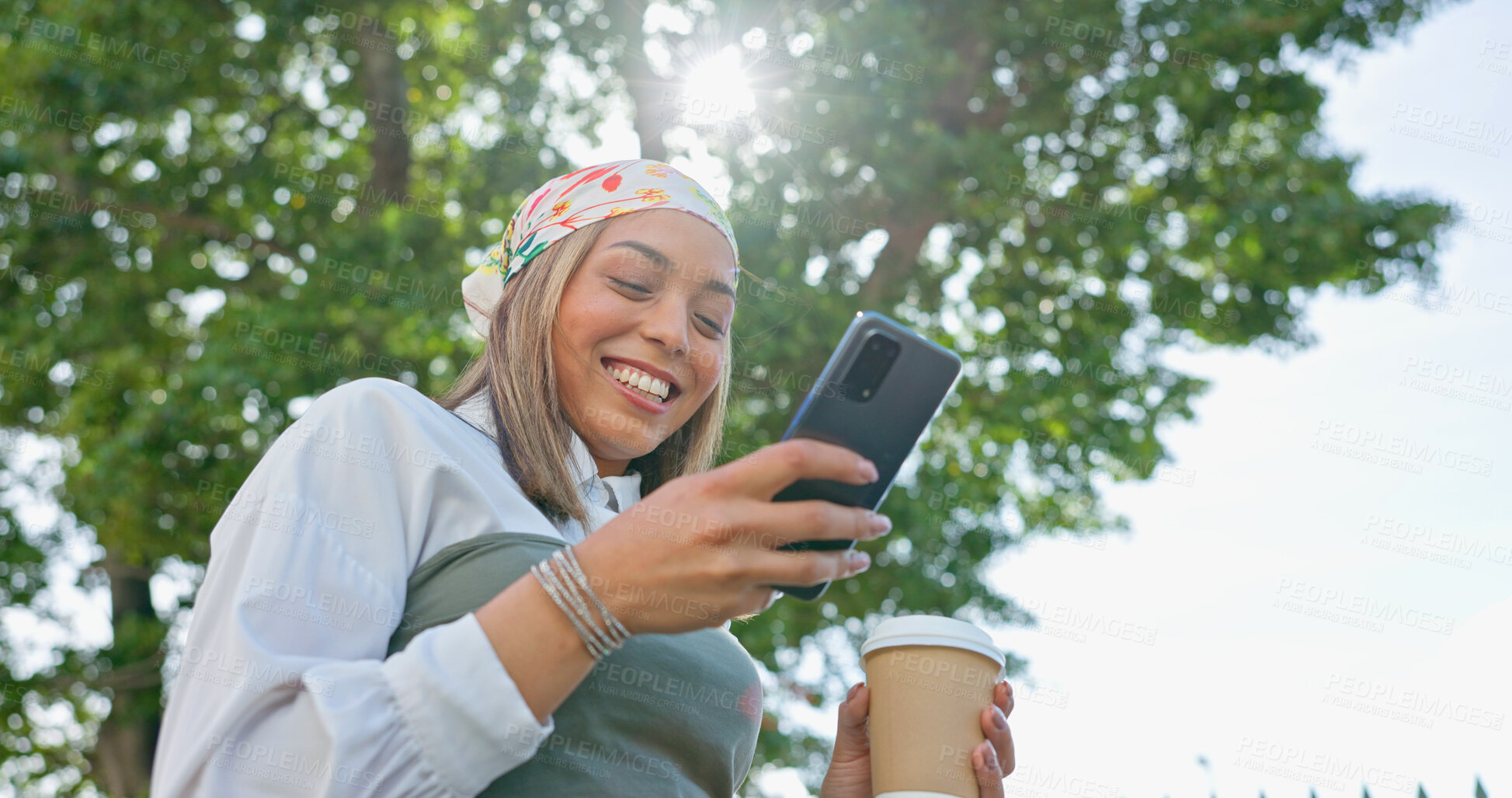 Buy stock photo Happy woman, coffee and phone for communication, email or online networking ideas with smile outdoor in nature. Business person, smartphone and technology for mobile chat app, feedback or scroll