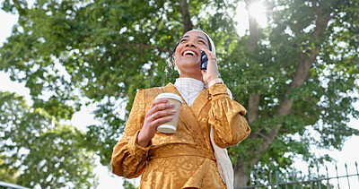 Phone call, park and business woman networking for opportunity, job schedule or coffee break smile. Happy gen z person on 5g smartphone conversation, discussion or talking on online chat below trees