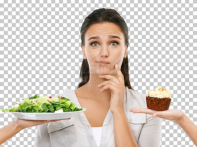 A Woman thinking of diet with salad or cake isolated on white background in healthy, vegan or detox choice. Hand holding chocolate cupcake, green vegetables and confused model with decision in portrait isolated on a png background