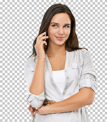 A Woman, smile and phone call communication online, talking and conversation on mobile phone. Girl, happy and smartphone discussion and networking connection in isolated on a png background