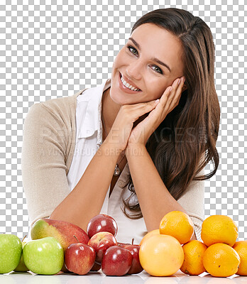 Woman, smile portrait and fruit breakfast for nutrition, healthy diet and vitamins motivation in studio. Person, happy face and food nutritionist, natural fibre and organic food for body healthcare isolated on png background