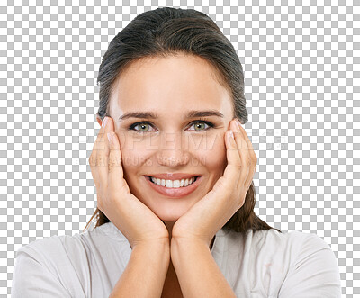 Portrait, happy and surprise with a woman in studio isolated on png background with a smile on her face. Wow, hands and beauty with a surprised young female looking shocked, excited or proud