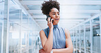 Corporate woman, smartphone and call while listening in office, thinking and vision in consulting job. Black woman, phone call and listen to conversation, idea or offer on network for finance company
