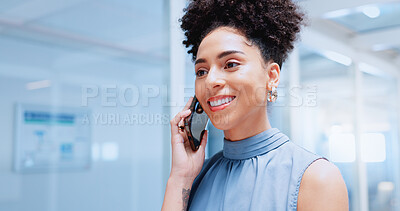Business phone call, startup networking and black woman with phone communication, creative smile and vision for company. Comic conversation, mobile discussion and worker planning on a smartphone