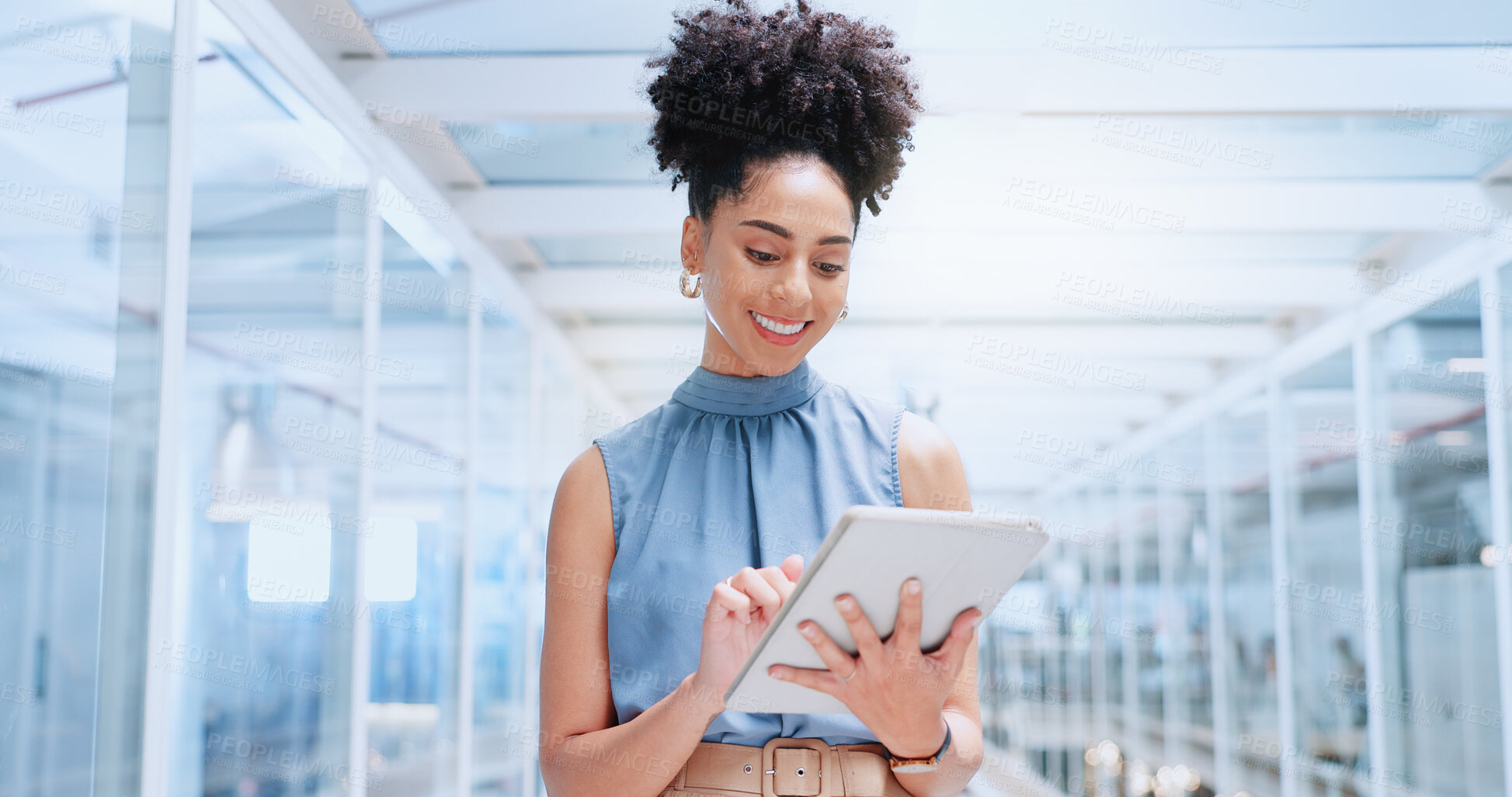 Buy stock photo Business woman, tablet and smile in office for planning research, online report and information. Happy employee scroll on digital technology, social network app and update website, data or connection