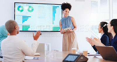 Business woman, seminar success and applause with tablet and screen, stats and ppt, infographic and team support. Thank you, business meeting with black woman speaker and marketing statistics