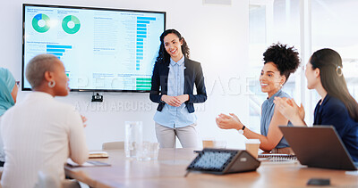 Black woman, presentation success and applause with screen, stats and ppt, infographic and team support. Thank you, business meeting with business woman speaker and seminar with marketing statistics