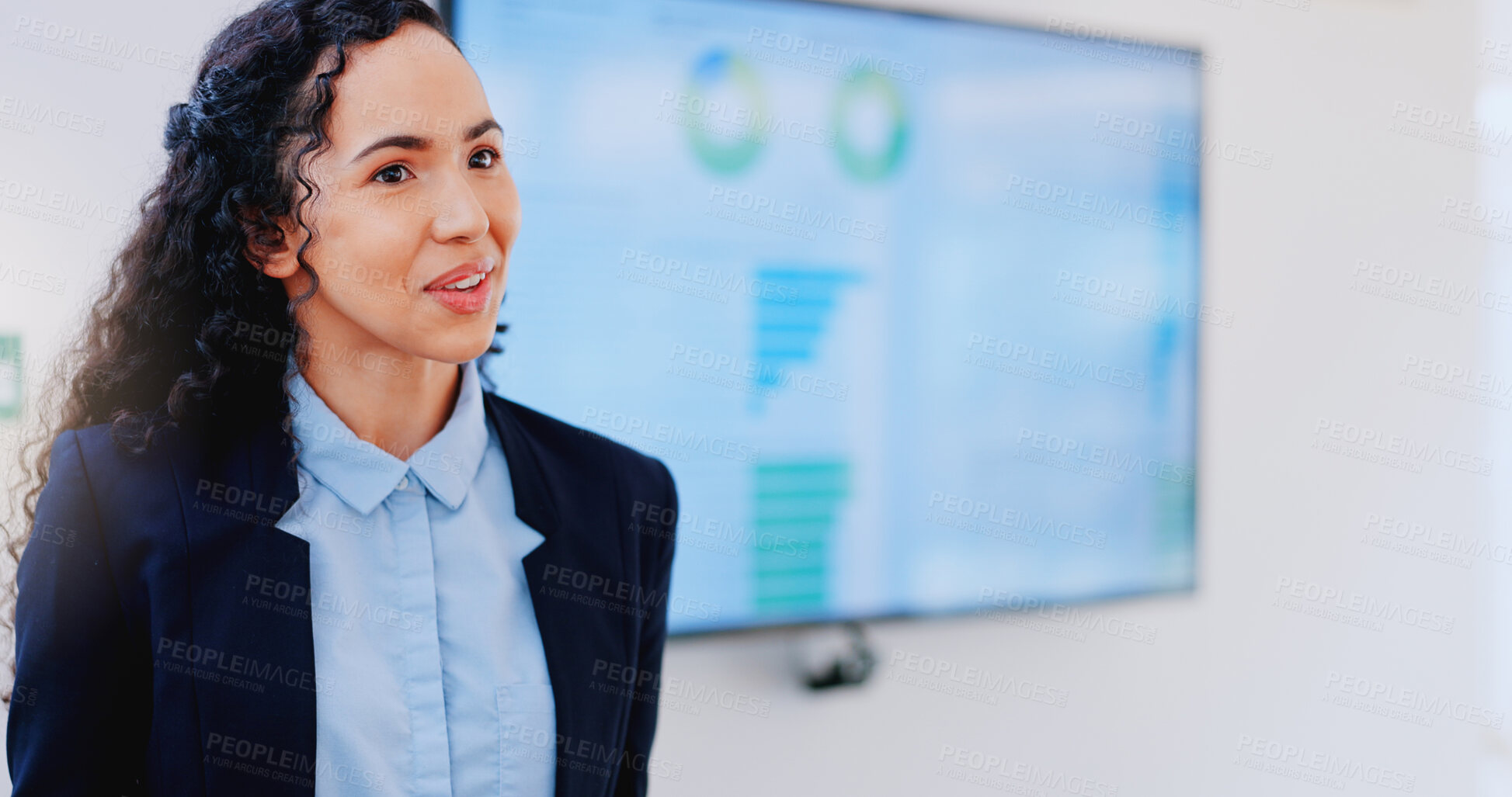 Buy stock photo Presentation, data on screen and woman at meeting in office with graphs, statistics and charts at startup. Analytics, performance report and businesswoman with feedback speaking at training seminar.