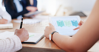 Meeting, hands and tablet with a business team writing notes while planning in the boardroom. Data, finance and strategy with an employee working in collaboration at the office for growth or success