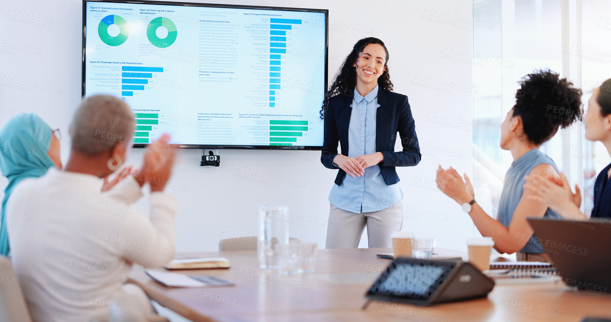 Buy stock photo Presentation, charts and graphs with woman at meeting in office with data, statistics and info at startup. Analytics, performance report and businesswoman with feedback speaking at training seminar.