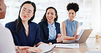 Teamwork, laptop and business people with documents in meeting. Planning, collaboration and group of women with computer and paperwork for reviewing sales, advertising or marketing strategy in office