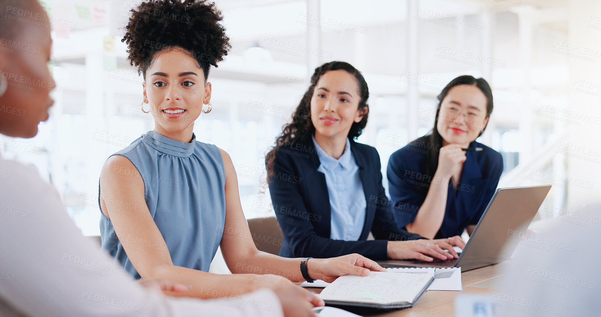 Buy stock photo Meeting, leadership and motivation, women at desk in office with laptop, documents and startup advice. Attention, listening and manager with team for workshop, coaching or corporate training feedback