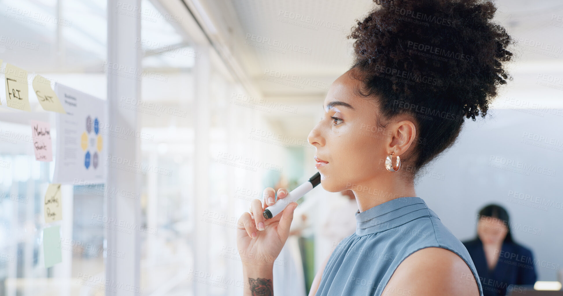 Buy stock photo Thinking, problem solving and a business woman planning on a glass board in the office for strategy. Profile, idea and question with a young employee brainstorming working on a game plan for growth