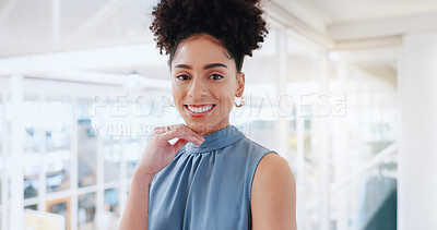 Smile, face and black woman in office building for business leadership, trust and vision. Portrait, happiness and professional young female in startup agency for success, management and motivation